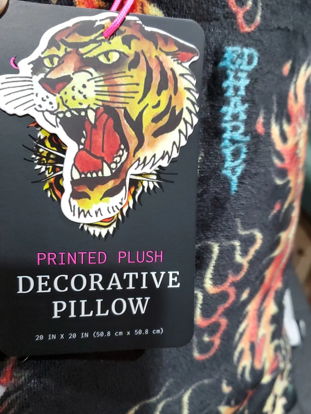 Ed Hardy black velvet plush fiery dragon blue rose print throw decor pillow new